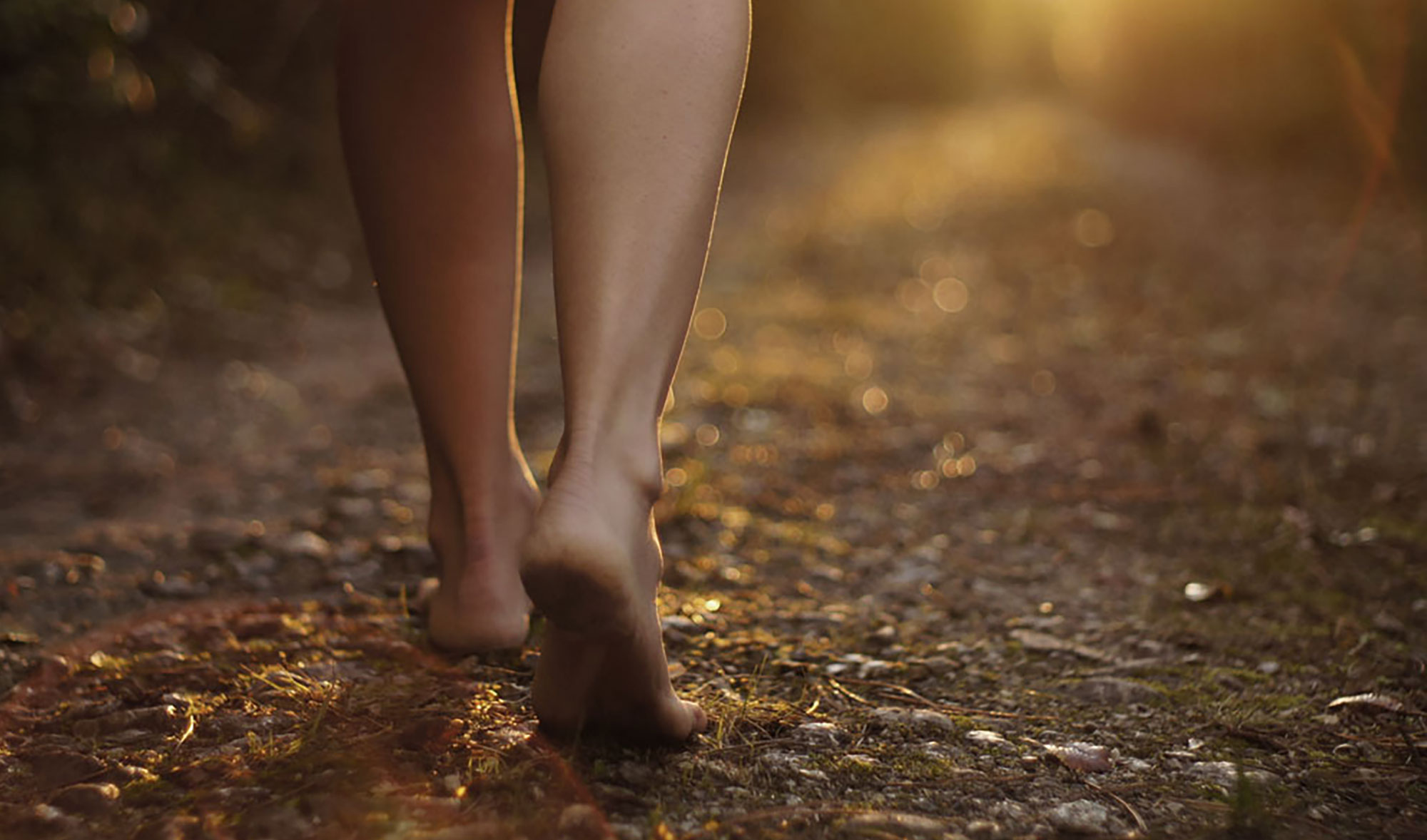 pieds nus sur un chemin de forêt